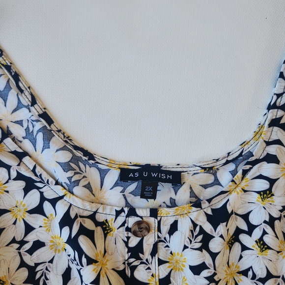 As U Wish Navy Floral Button-Front Dress with Yellow Accents Daisies - Picture 3 of 8